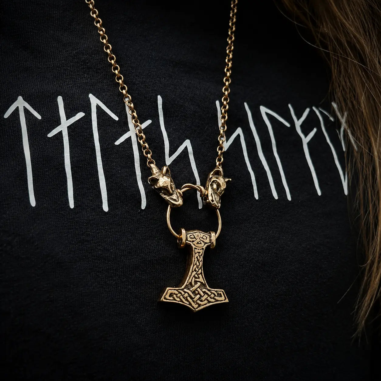 Valhallas Thors Hammer Necklace on Wolf Head chain in Bronze
