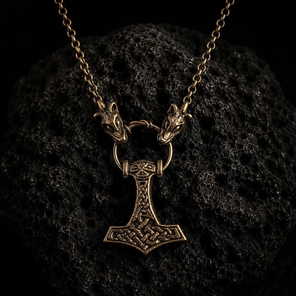 Valhallas Thors Hammer Necklace on Wolf Head chain in Bronze