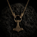 Valhallas Thors Hammer Necklace on Wolf Head chain in Bronze