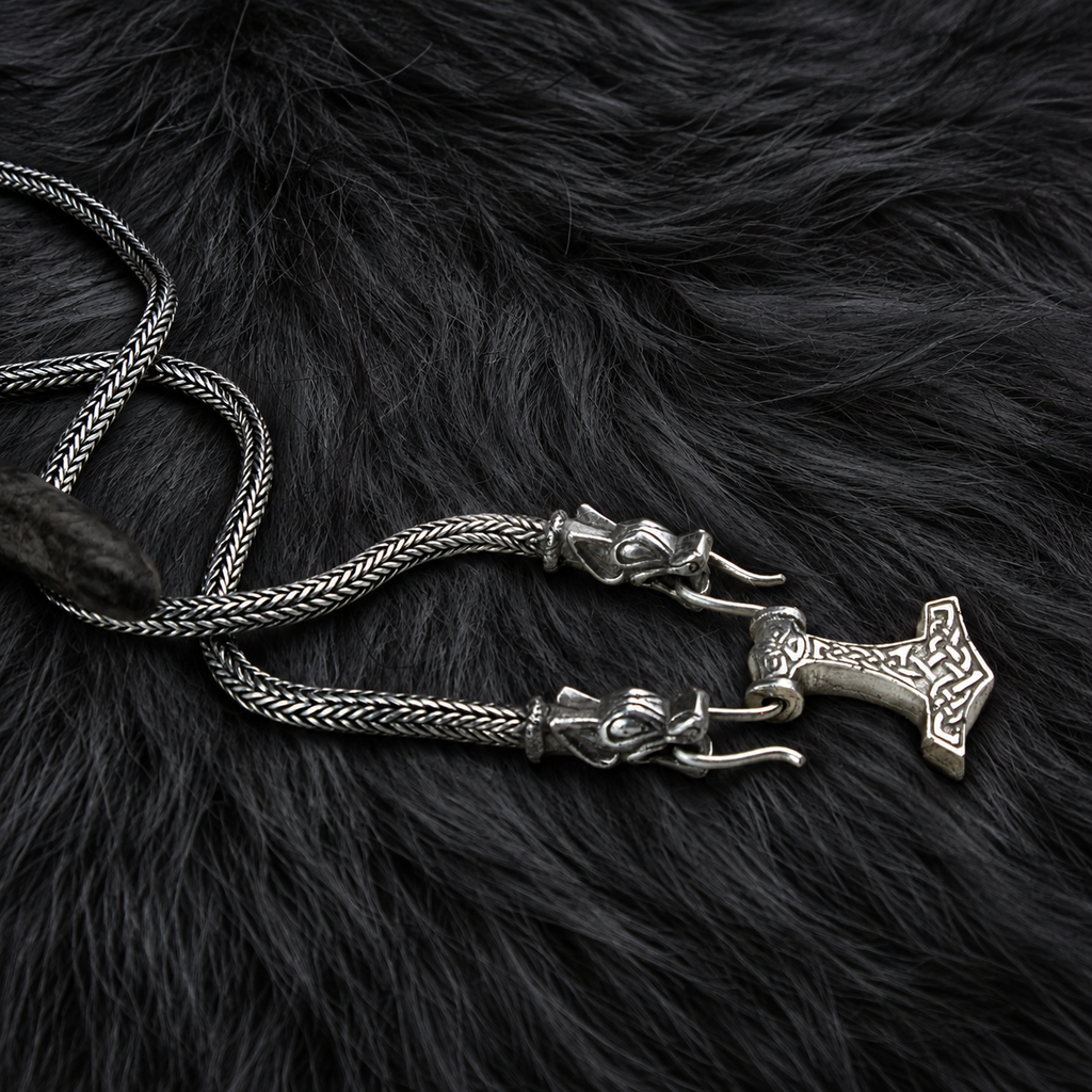 Valhallas Silver Thor's hammer necklace with Viking-knit chain in sterling silver on dark fur