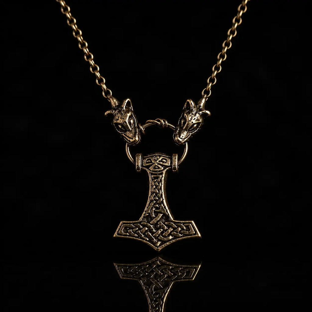 Valhallas Thors Hammer Necklace on Wolf Head chain in Bronze