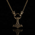 Valhallas Thors Hammer Necklace on Wolf Head chain in Bronze