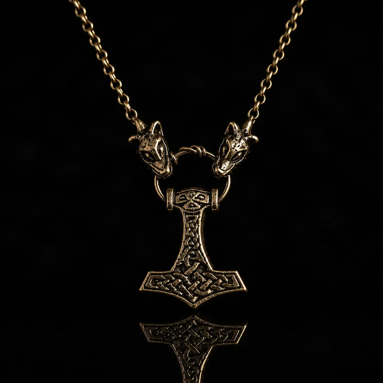 Valhallas Thors Hammer Necklace on Wolf Head chain in Bronze