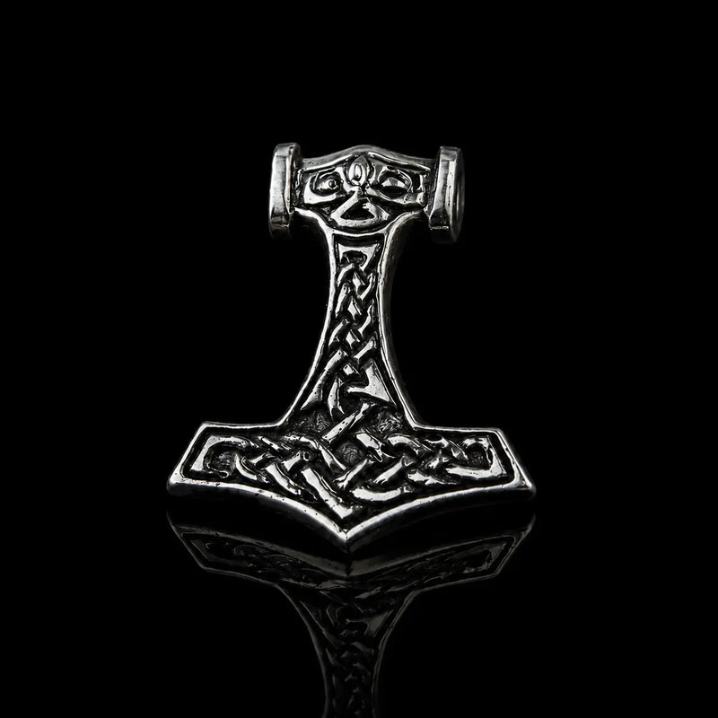 Valhallas Silver Thor's hammer pendant in sterling silver with knotwork on a reflective black background