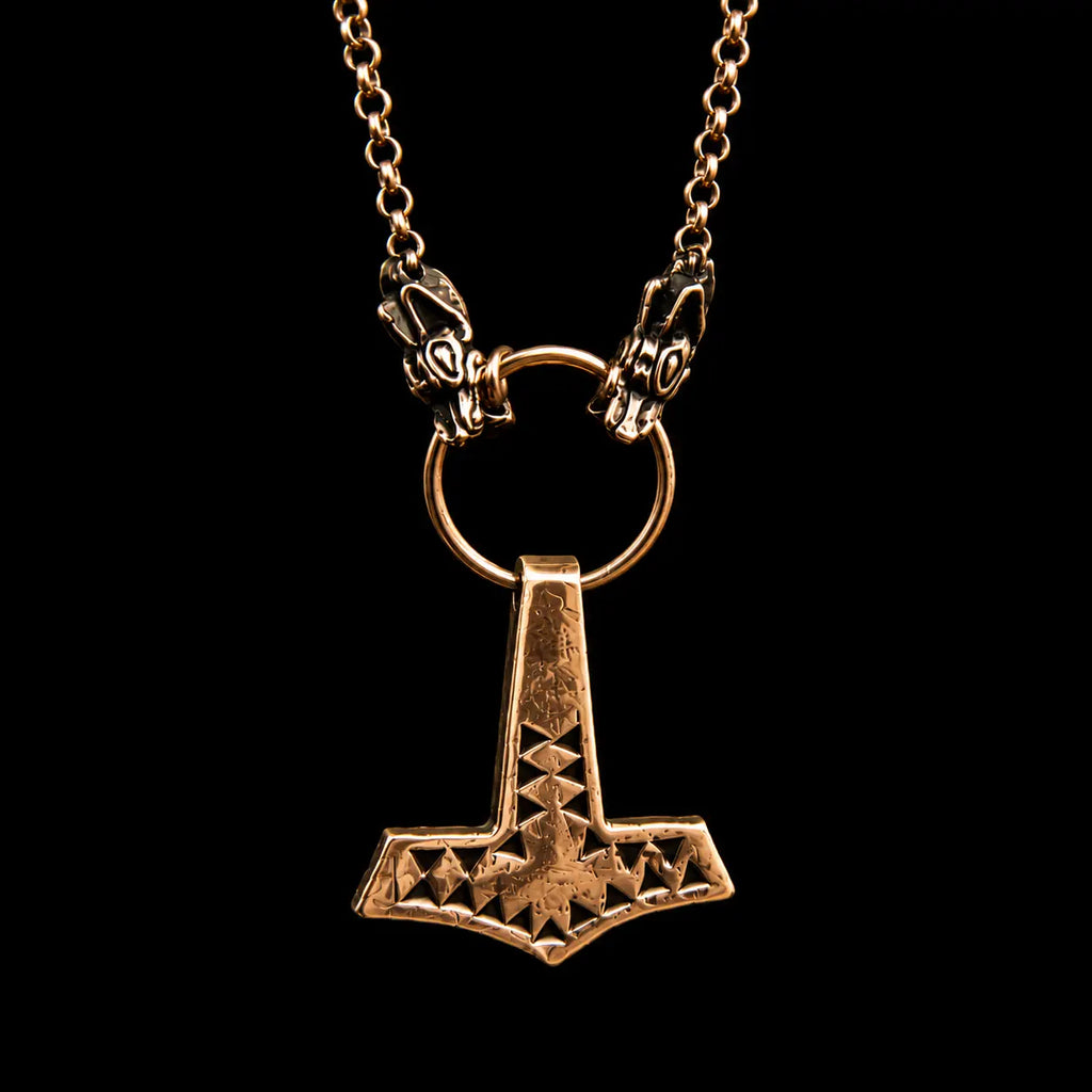 Stamped Bronze Thor's Hammer Necklace on Dragon chain