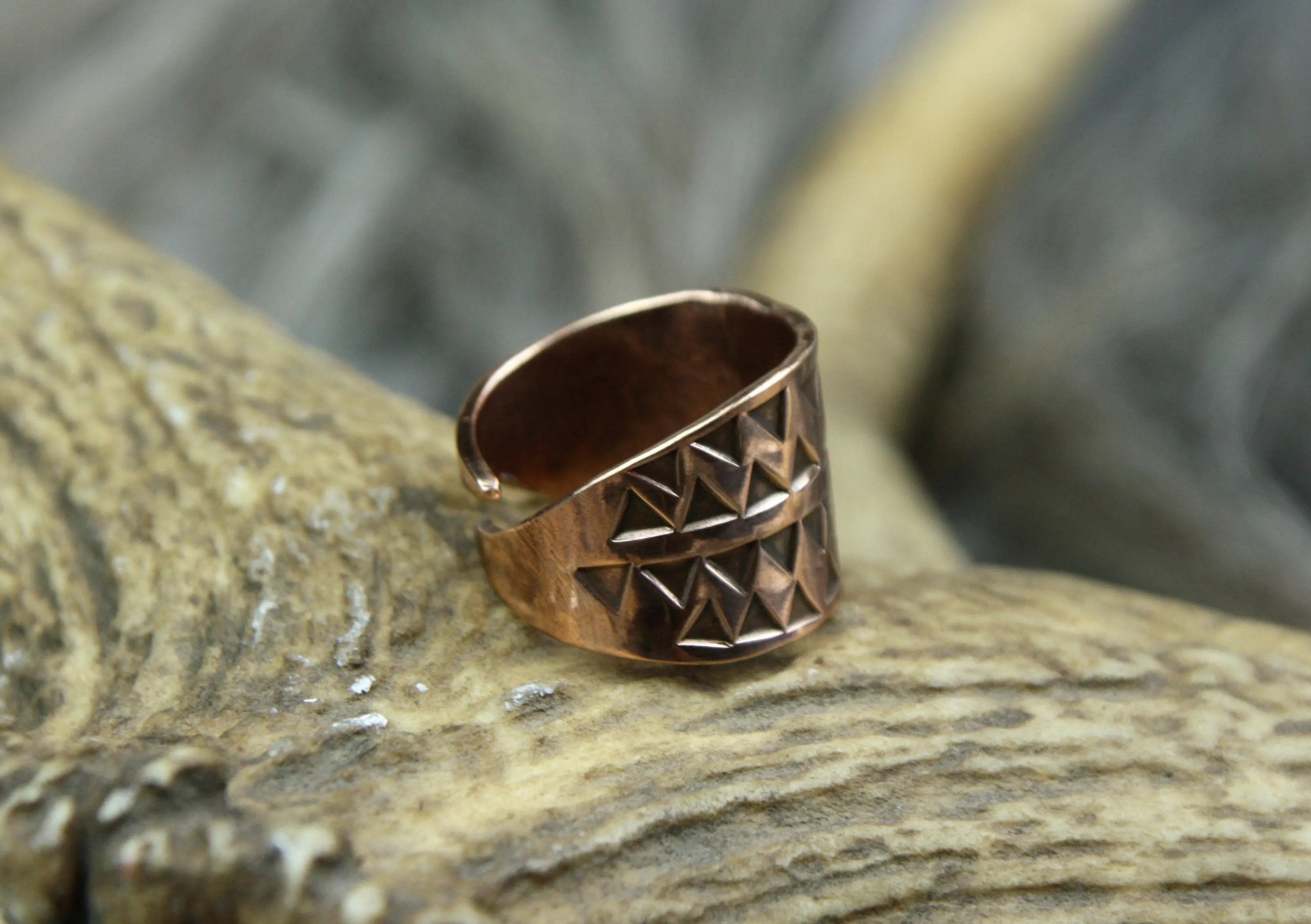 Bronze Ring with Hand Stamped Pattern. Adjustable Size.