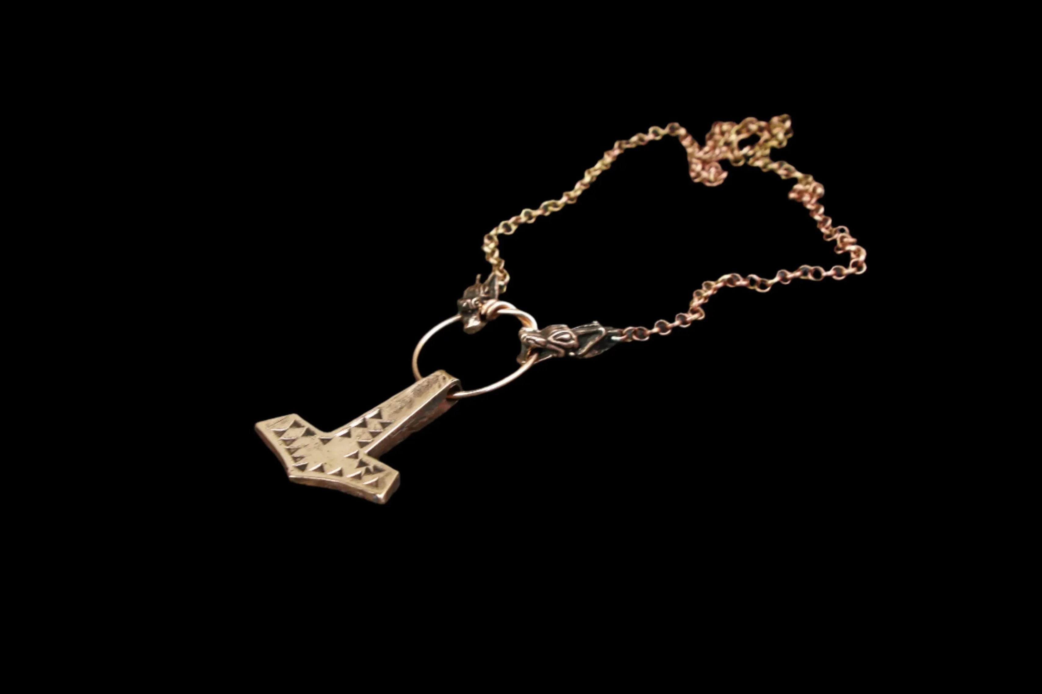 Handmade bronze Thors Hammer on dragon head chain